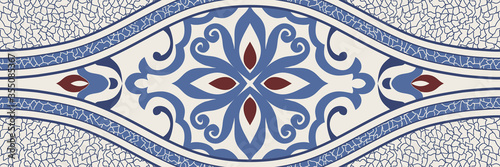 Majolica pottery tile, blue, brown and gray azulejo, original traditional Portuguese and Spain decor. Seamless border with Victorian motives. Vector illustration.