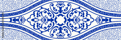 Majolica pottery tile, blue and white azulejo, original traditional Portuguese and Spain decor. Seamless border with Victorian motives. Vector illustration