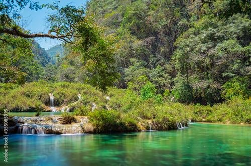 Long exposure photograph of the Semuc Champey Cascades along the Cahabon river  Peten Rainforest  Guatemala. 