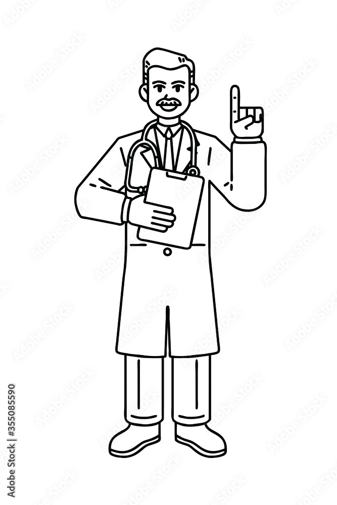Old male Doctor. Vector line art illustration.
