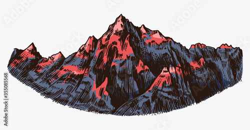 Mountain peaks, vintage rock, old highlands range. Chamonix-Mont-Blanc. Hand drawn vector Alps sketch in engraved style. Vector illustration for Hiking card, climbing banner, tattoo or label.