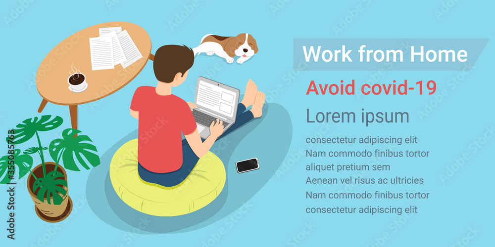 The company allows employees work from home to prevent outbreak of the covid-19. Avoid coronavirus infection. Man working with laptop on mattress with a dog. Lockdown. The company allows employees work from home to prevent outbreak of the covid-19. Avoid coronavirus infection. Man working with laptop on mattress with a dog. Lockdown.