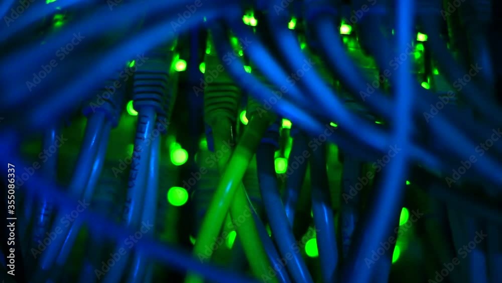 Working switch close up. Blinking LED. 10/100/1000 Mpbs speed