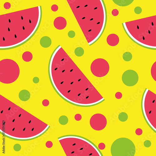 watermelon seamless pattern in vector flat style, summer bright juicy fruit background yellow