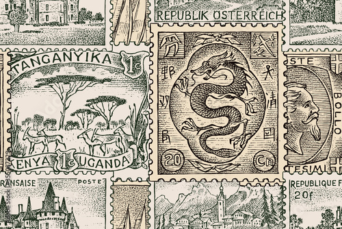 Vintage Postage stamps seamless pattern. Retro old Sketch for poster or banner. Monochrome Background. Hand drawn engraved retro mark, frames collection for print card and logo. 