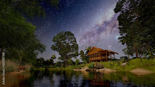 3d rendering Beautiful Wooden Hut in the side lake. cottage on forest with full stars on night with milky way