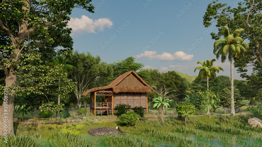 3d rendering Beautiful Wooden Hut in the countryside. dirt road and paddy field on countryside 3d rendering Beautiful Wooden Hut in the countryside. dirt road and paddy field on countryside