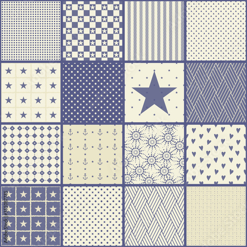 Seamless abstract pattern with patchwork in blue and beige. Can be used for ceramic tile, wallpaper, linoleum, textile, invitation card, wrapping, web page background