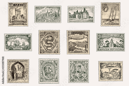 Vintage Postage stamps set. Ancient etching landscapes, dragon and sailing ship. Retro old Sketch. Monochrome Postcard. Hand drawn engraved retro mark, frames for print banner, poster and logo. 