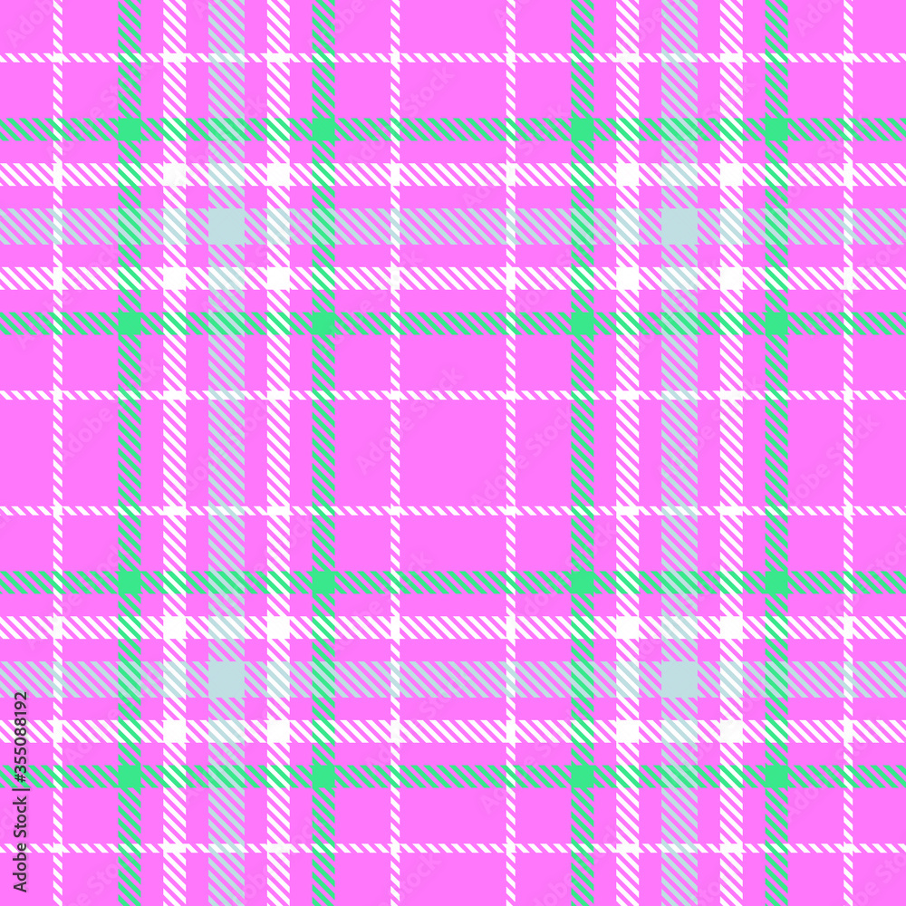 Tartan plaid seamless pattern green white color pink background. Flannel shirts , Vector illustration for wallpapers, White line color fabric , Scottish cage .