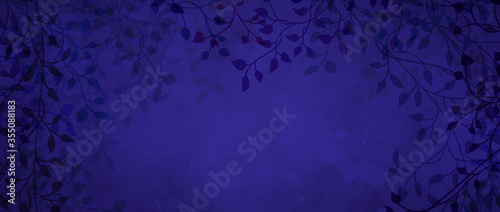 Deep blue background with dark leaves and ivy vines in elegant border design with paint texture, dark fancy nature frame pattern with copyspace for adding white or light text