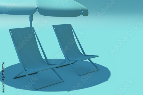 3D rendering of summer concept. Turquoise chaise lounges and umbrella on turquoise background, Sunlight, travel. No vacation this summer. Border closure, travel restrictions. Copy space.