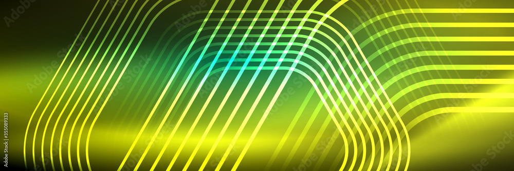 Shiny neon lines, stripes and waves, technology abstract background. Trendy abstract layout template for business or technology presentation, internet poster or web brochure cover, wallpaper