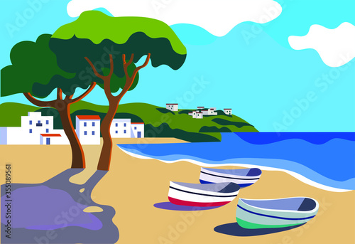 Mediterranean landscape with white town and fishing boats flat style vector illustration. beautiful spanish coast village 