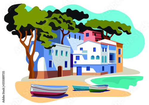 Mediterranean landscape with white town. beautiful spanish coast village with fishing boats and pines flat style vector illustration