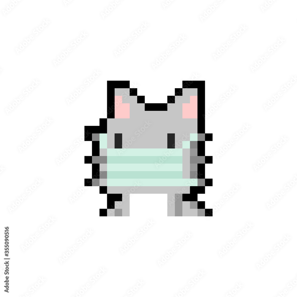 Pixel art cartoon cat wearing mask icon design. Pixel art cartoon cat wearing mask icon design.