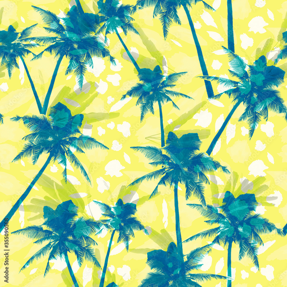 tropical seamless print with coconut palm trees on summer yellow background