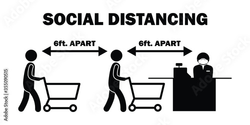 Social Distancing 6ft Apart Cashier Stick Figure. Black and white pictogram depicting six feet apart while lining queuing up to pay at cashier checkout counter. Vector File