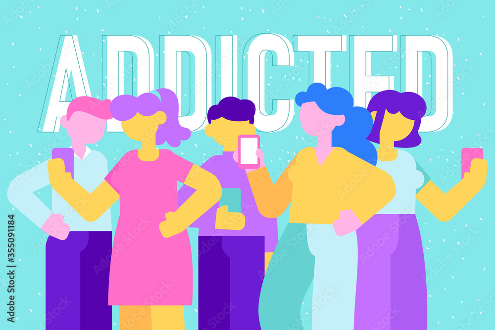 Obraz premium Gadget addicted people concept. Men and woman use their smartphones banner. Online news, play games, social media, internet. Modern flat style vector illustration