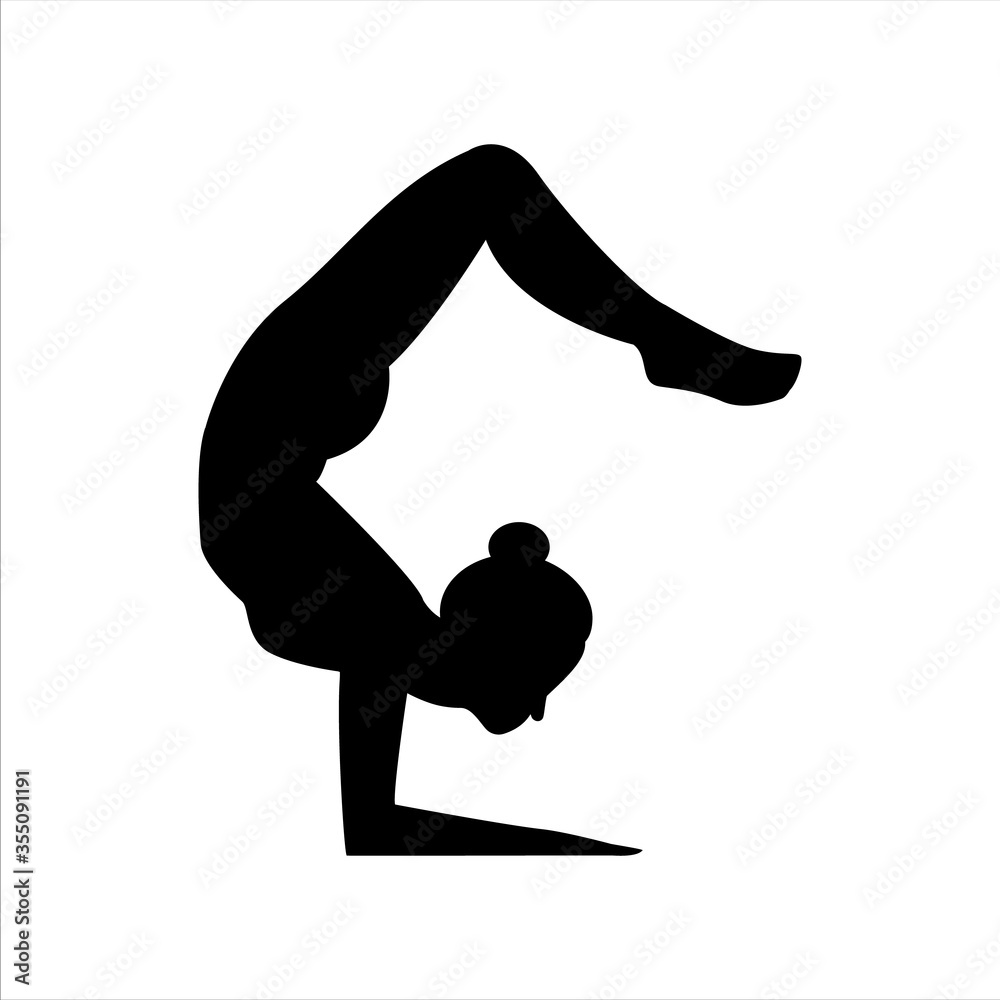 Vector black silhouette of a girl doing yoga exercise on an isolated white background. Flexible woman icon for app, site and logotype design for company. Stock illustration unit element Vector black silhouette of a girl doing yoga exercise on an isolated white background. Flexible woman icon for app, site and logotype design for company. Stock illustration unit element