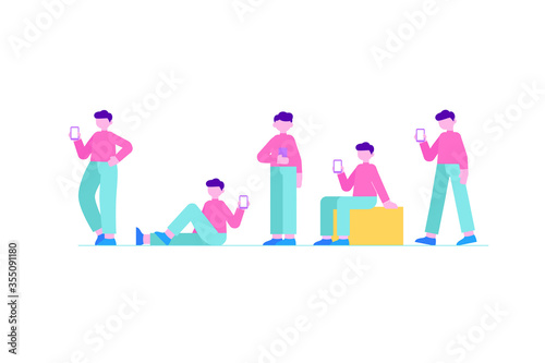 Gadget addicted people concept. Men use his smartphone in different poses set. Online news, play games, social media, internet. Modern flat style vector illustration