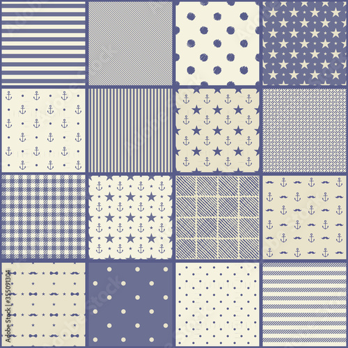 Seamless abstract pattern with patchwork in blue and beige. Can be used for ceramic tile, wallpaper, linoleum, textile, invitation card, wrapping, web page background