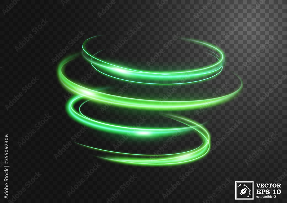 Abstract green swirl line of light with a transparent background, isolated and easy to edit