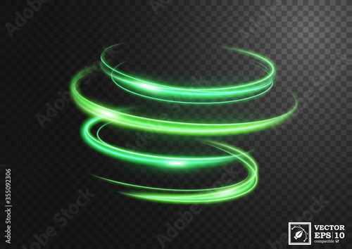 Abstract green swirl line of light with a transparent background, isolated and easy to edit
