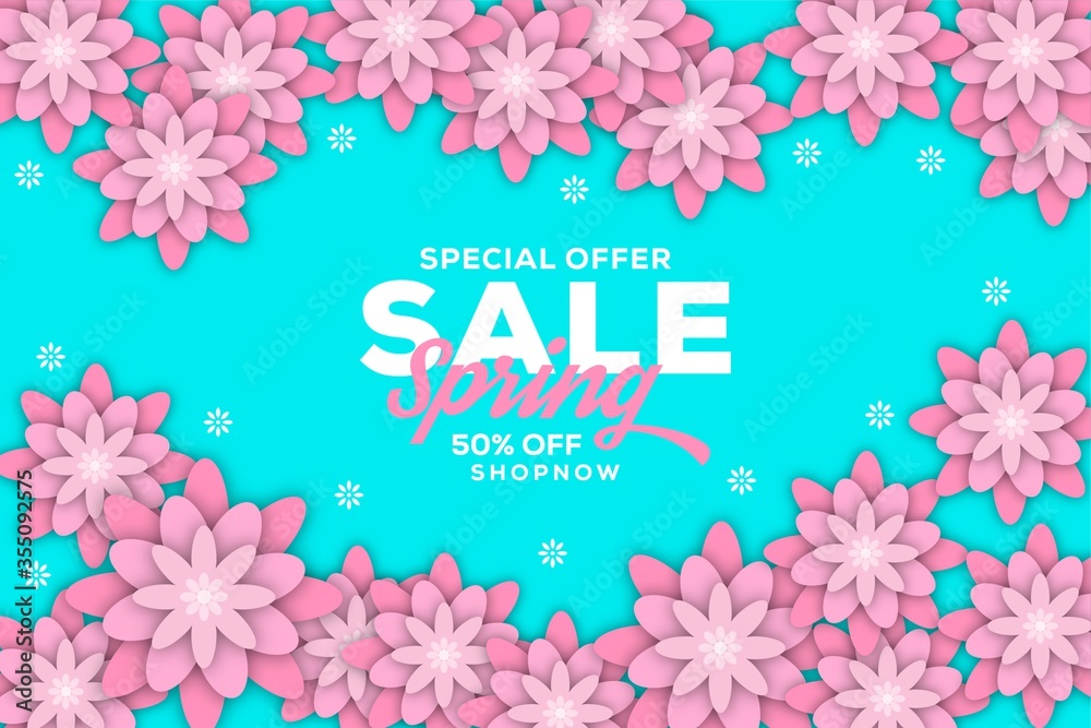Special offer sale banner with Spring background in colourful paper style