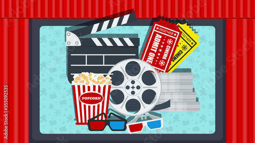 Cinema poster template. Red curtain on stage of theater. Screen, premiere