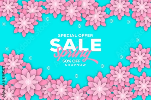 Special offer sale banner with Spring background in colourful paper style