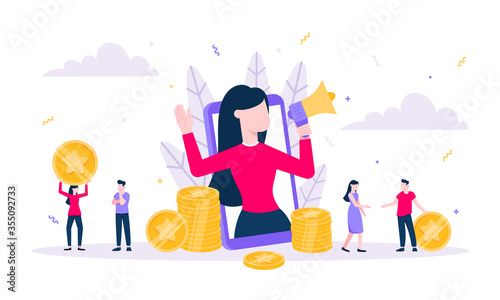 Loyalty program flat style design vector illustration concept. Woman with megaphone loud speaker standing up in the smartphone and shout out to the people. Refer a friend program.