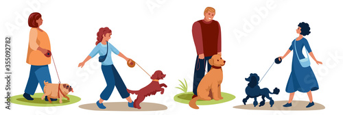 Dogs of different breeds, similar to their owners, are walking.
