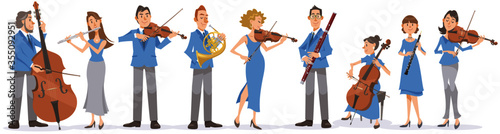 Collection of musicians on white background. Performing with violin, viola, cello, contrabass, flute, french horn, bassoon, and oboe. Vector illustration in flat cartoon style.