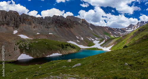 panoramic mountain landscape with blue lake