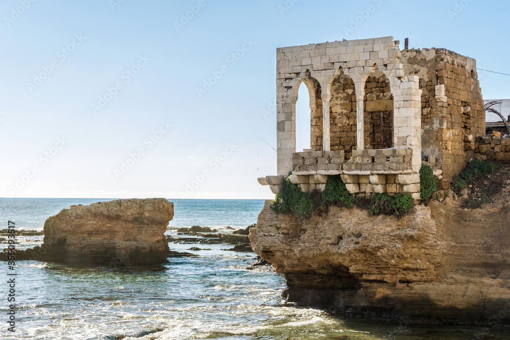 Balcony built in traditional Lebanese style on a rock by the sea, Makaad el Mir or Prince's Seat, Batroun, Lebanon