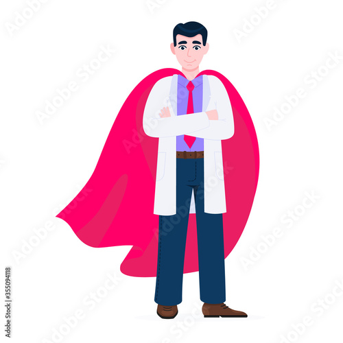 Young adult doctor hospital medical employee with hero cape behind fights against diseases and viruses on frontline flat style vector illustration. Doctor physician medical clinic staff new hero