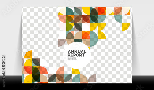 Horizontal A4 business flyer annual report template, circles and triangle style shapes modern geometric design for brochure layout, magazine or booklet