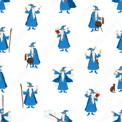 Bearded elderly wizard making magic vector flat illustration. Fairytail old gray haired character practicing mystical enchantment or wizardry seamless pattern. Funny sorcerer during witchcraft