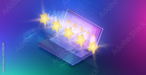 Website or notebook rating with shiny stars, isometric vector illustration