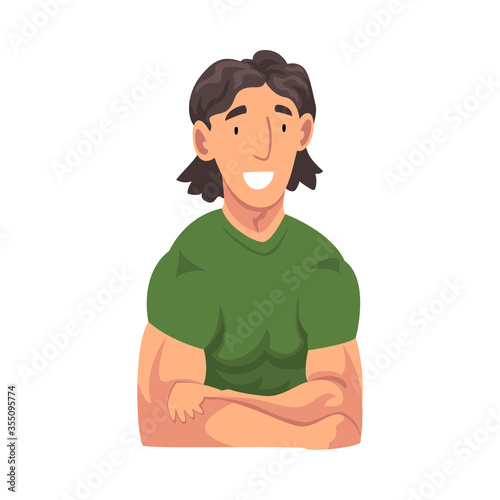 Smiling Young Man Sitting with Folded Hands and Looking at Us Cartoon Vector Illustration