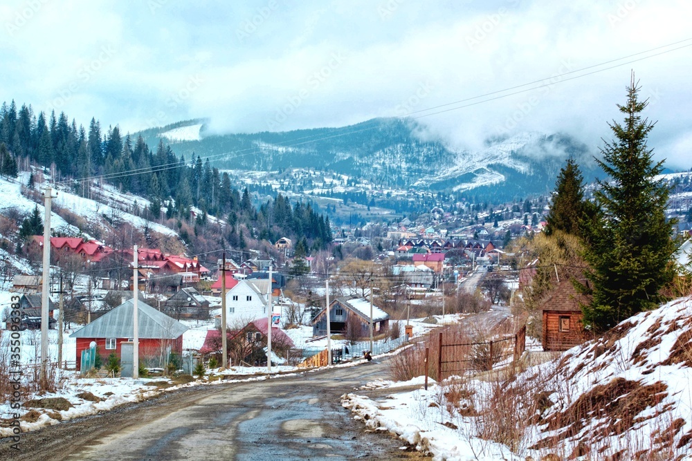 ski resort in Ukraine, winter rest in the Carpathians, Slavs'ke mountains Karpaty, hilltop, landscape, nature mountains 