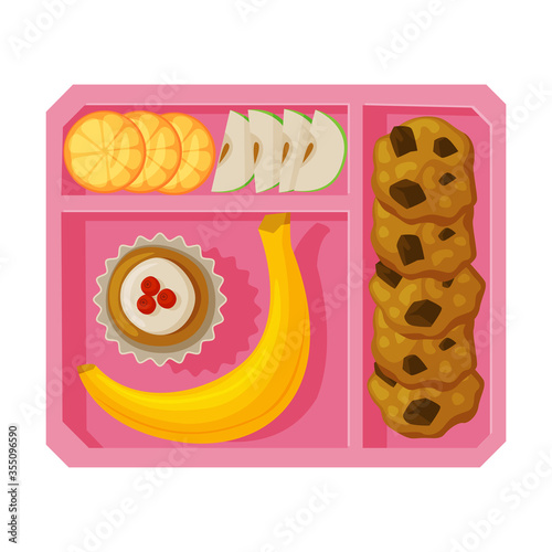 Meal Tray Filled with Banana, Cupcake, Apple and Orange Slices, Healthy Food For Kids And Students, View from Above Flat Vector Illustration