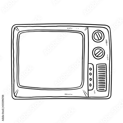 Retro TV doodle image. Cute vintage television black outline logo. Sketch lineart. Media highlights graphic vector symbol on white background