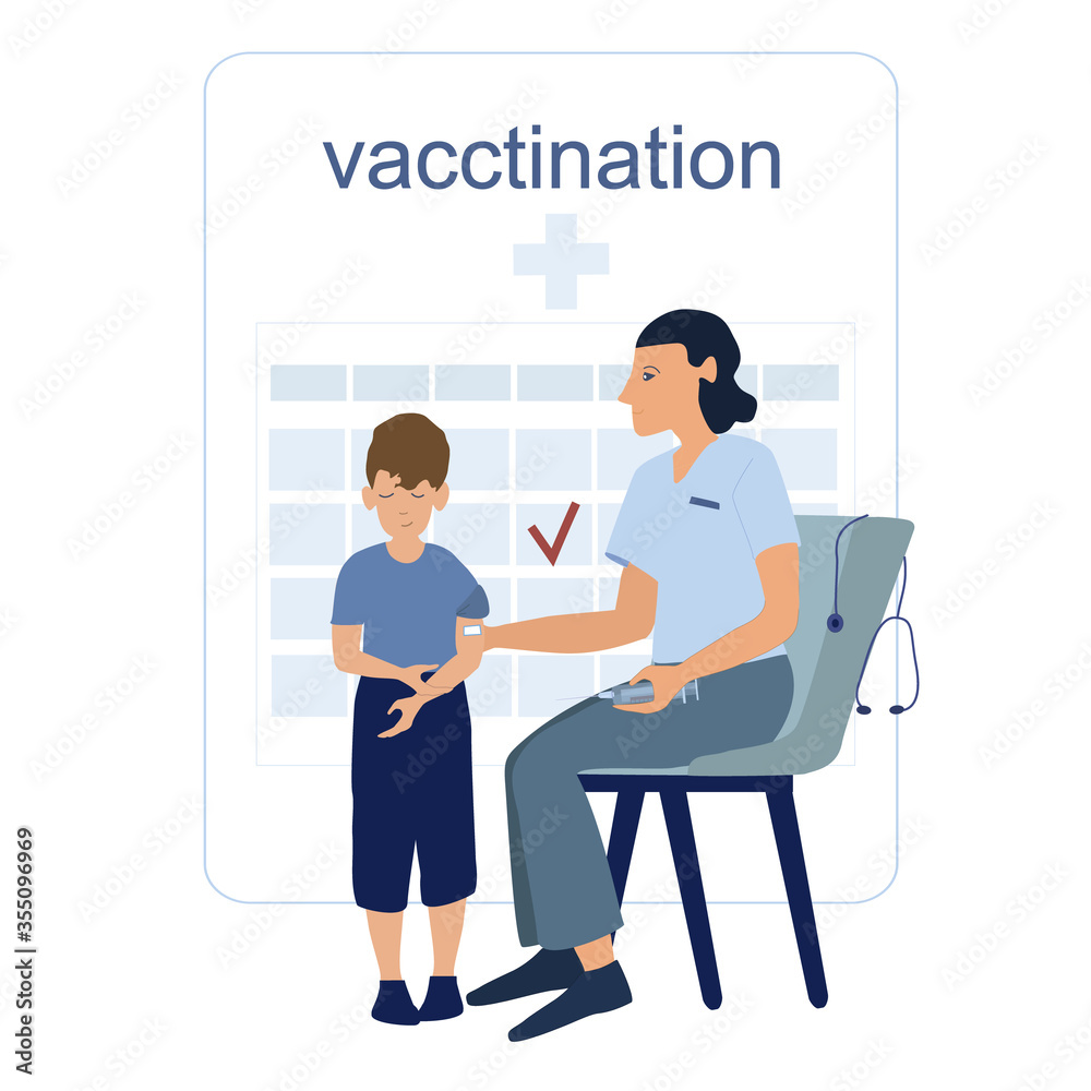 Kids vaccination, female doctor with medical vaccine syringe against virus and boy vector illustration for epidemic of coronavirus covid-19 infection, protect children.