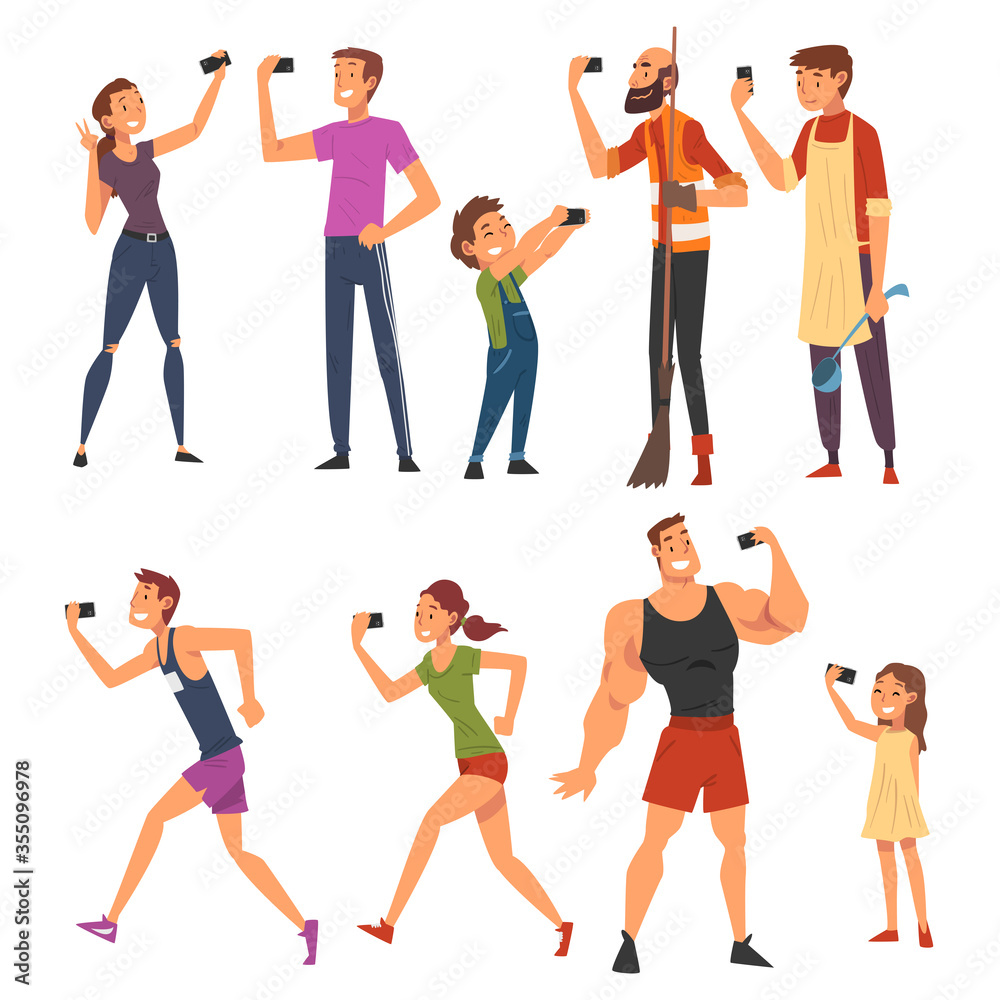 People Taking Selfie Photo Set, Cheerful Male and Female Characters Photographing Themselves with Smartphones Cartoon Vector Illustration