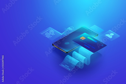 Secure online payment transaction with smartphone. Internet banking via credit card on mobile. Protection shopping wireless pay through smartphone. Isometric vector photo