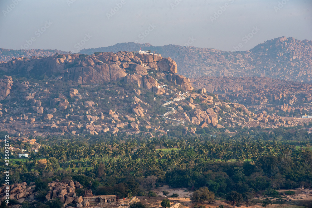 view of the ancient Anjanadri mountain in Hampi, Karnataka, India.