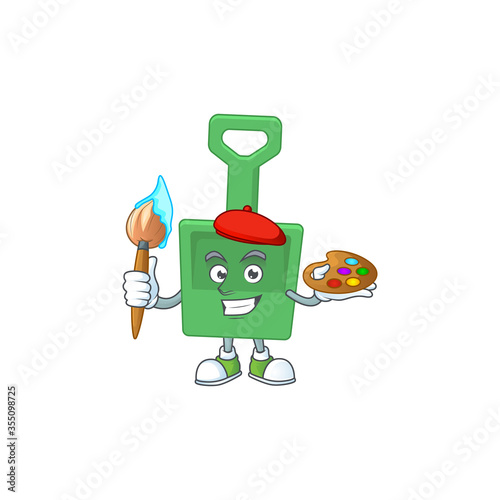 creative Artist of green sand bucket cartoon character painting using a brush