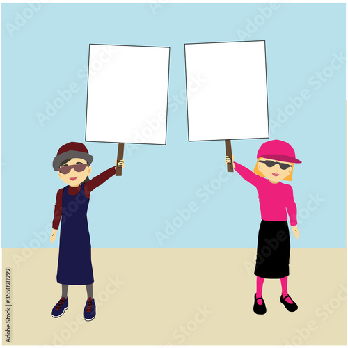Two Jewish girls observant Orthodox modest demonstration stand out and lifting blank signs. Flat vector drawing.